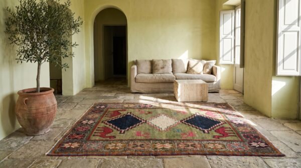 Rare green color small antique tribal camel animal design persian gabbeh small size rug 7 Rare green color small antique tribal camel animal design persian gabbeh small size rug (sku 18918) - room view