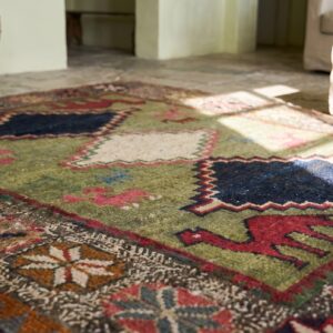 Rare Green Color Small Antique Tribal Camel Animal Design Persian Gabbeh Small Size Rug (SKU 18918) - in-room detail