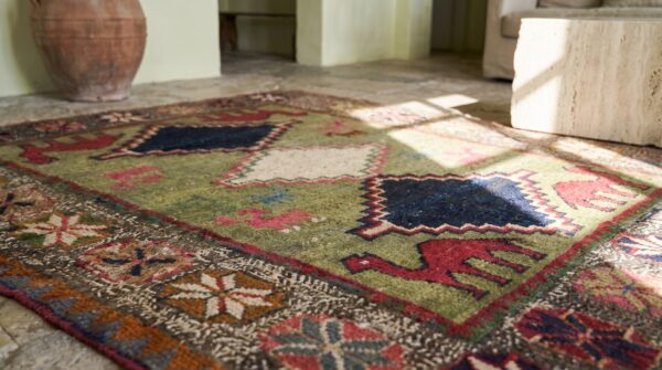 Rare green color small antique tribal camel animal design persian gabbeh small size rug 8 Rare green color small antique tribal camel animal design persian gabbeh small size rug (sku 18918) - in-room detail