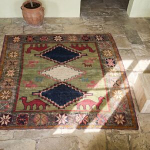 Rare Green Color Small Antique Tribal Camel Animal Design Persian Gabbeh Small Size Rug (SKU 18918) - styled overhead view