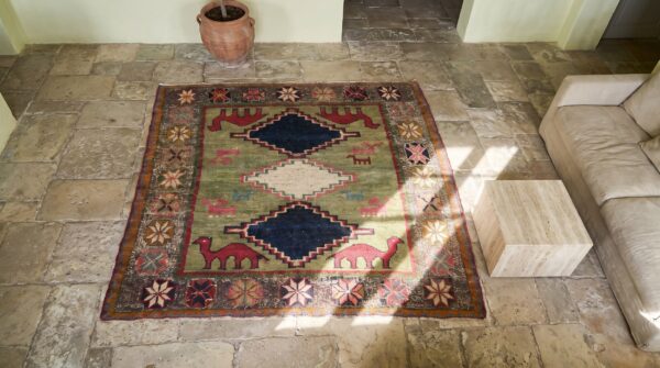 Rare green color small antique tribal camel animal design persian gabbeh small size rug 2 Rare green color small antique tribal camel animal design persian gabbeh small size rug (sku 18918) - styled overhead view