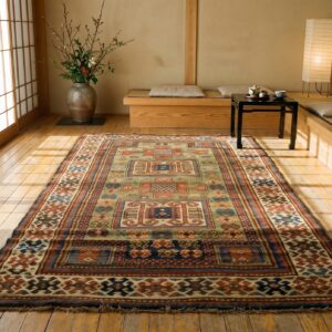 Rare Antique Green Color Tribal Caucasian Kazak Double Niche Prayer Design Rug (SKU 21380) - room view