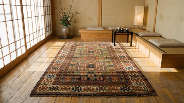 Rare antique green color tribal caucasian kazak double niche prayer design rug 6 Rare antique green color tribal caucasian kazak double niche prayer design rug (sku 21380) - room view