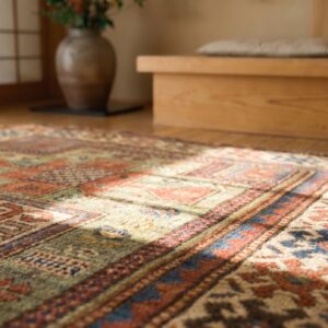 Rare Antique Green Color Tribal Caucasian Kazak Double Niche Prayer Design Rug (SKU 21380) - in-room detail