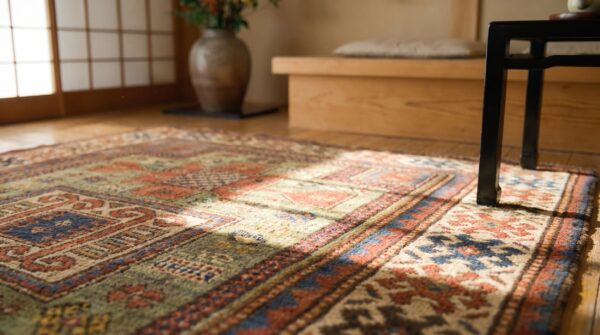 Rare antique green color tribal caucasian kazak double niche prayer design rug 7 Rare antique green color tribal caucasian kazak double niche prayer design rug (sku 21380) - in-room detail