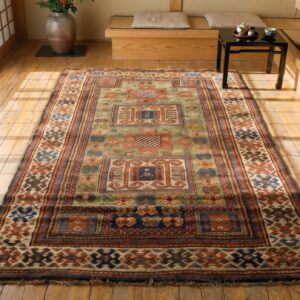 Rare Antique Green Color Tribal Caucasian Kazak Double Niche Prayer Design Rug (SKU 21380) - styled overhead view