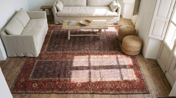 Rare green antique paisley tribal pattern northwest persian hallway runner rug (sku 18031) - styled overhead view