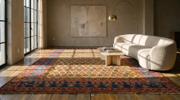Rare happy yellow antique tribal oversized persian bakhtiari rug 10 Rare happy yellow antique tribal oversized persian bakhtiari rug (sku 19055) - room view