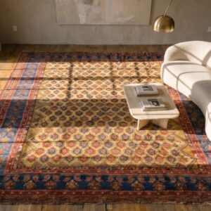 Rare Happy Yellow Antique Tribal Oversized Persian Bakhtiari Rug (SKU 19055) - styled overhead view