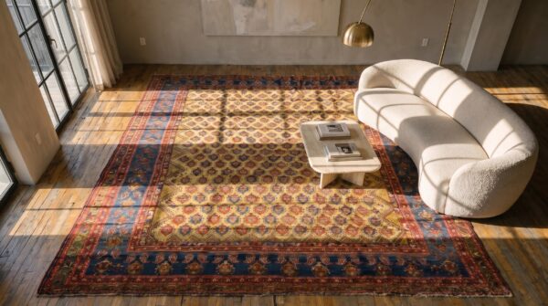 Rare happy yellow antique tribal oversized persian bakhtiari rug 2 Rare happy yellow antique tribal oversized persian bakhtiari rug (sku 19055) - styled overhead view