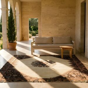 Rare Ivory Open Field Tribal Medallion Antique Square Persian Karajeh Rug (SKU 23559) - room view