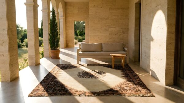 Rare ivory open field tribal medallion antique square persian karajeh rug 9 Rare ivory open field tribal medallion antique square persian karajeh rug (sku 23559) - room view