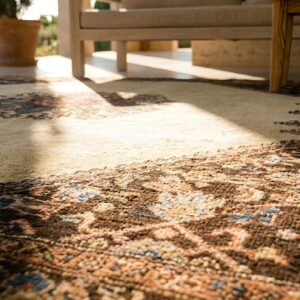 Rare Ivory Open Field Tribal Medallion Antique Square Persian Karajeh Rug (SKU 23559) - in-room detail