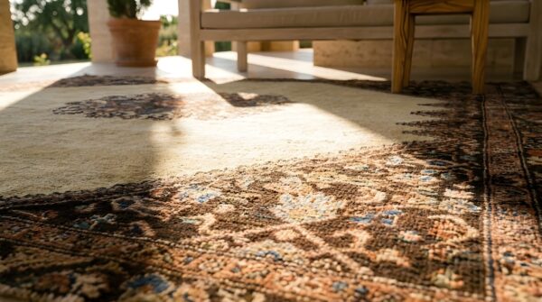 Rare ivory open field tribal medallion antique square persian karajeh rug 10 Rare ivory open field tribal medallion antique square persian karajeh rug (sku 23559) - in-room detail