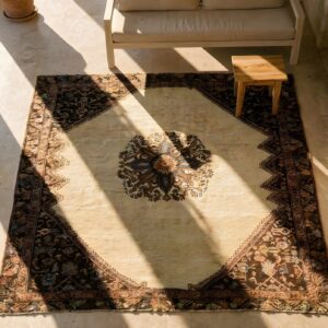 Rare Ivory Open Field Tribal Medallion Antique Square Persian Karajeh Rug (SKU 23559) - styled overhead view