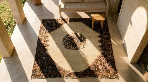 Rare ivory open field tribal medallion antique square persian karajeh rug 2 Rare ivory open field tribal medallion antique square persian karajeh rug (sku 23559) - styled overhead view