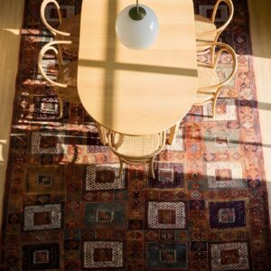 Rare Large Long and Narrow Antique Tribal Caucasian Verneh Flat Weave Kilim Gallery Rug (SKU 25615) - styled overhead view