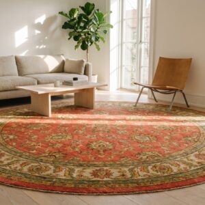 Rare Large Round Coral Antique Irish Donegal Arts & Crafts Rug (SKU 19313) - room view