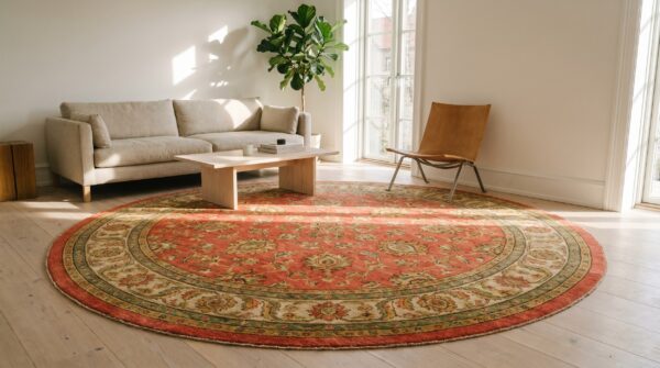 Rare large round coral antique irish donegal arts & crafts rug 14 Rare large round coral antique irish donegal arts & crafts rug (sku 19313) - room view
