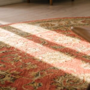 Rare Large Round Coral Antique Irish Donegal Arts & Crafts Rug (SKU 19313) - in-room detail