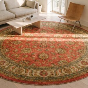 Rare Large Round Coral Antique Irish Donegal Arts & Crafts Rug (SKU 19313) - styled overhead view