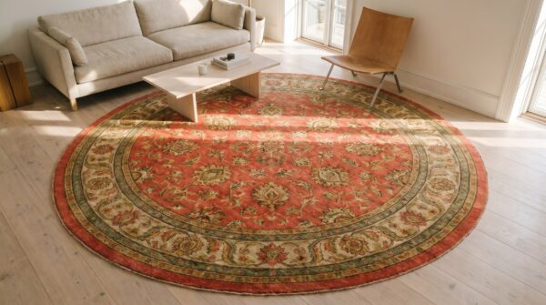 Rare large round coral antique irish donegal arts & crafts rug 2 Rare large round coral antique irish donegal arts & crafts rug (sku 19313) - styled overhead view