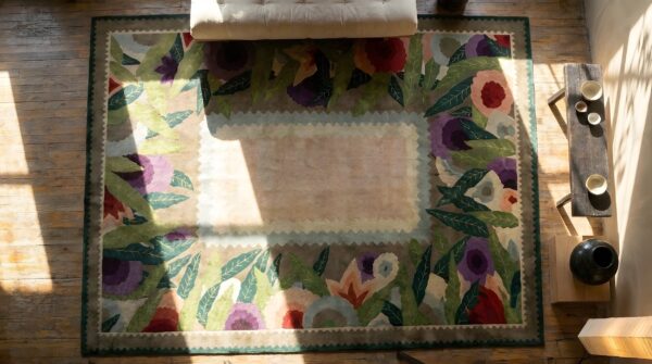 Antique rare large size art deco chinese floral hand knotted rug (sku 24861) - styled overhead view