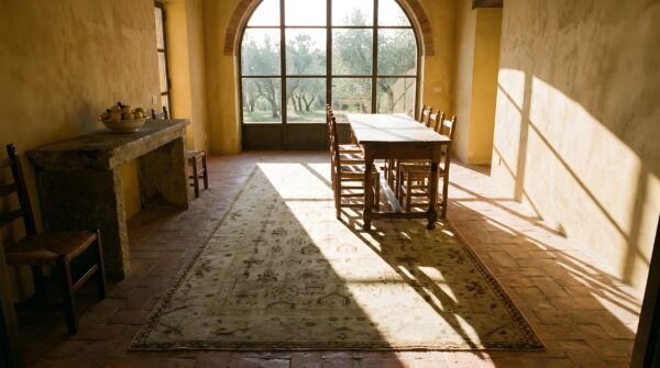 Antique rare light decorative neutral color extra long hallway runner agra rug 2 Antique rare light decorative neutral color extra long hallway runner agra rug (sku 24052) - styled overhead view