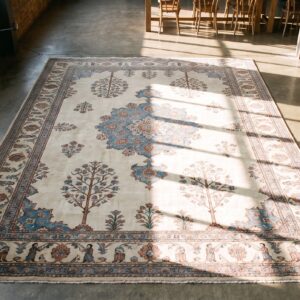 Rare Light Ivory Color Fine Antique Floral 19th Century Persian Mohtashem Kashan Carpet (SKU 21183) - styled overhead view