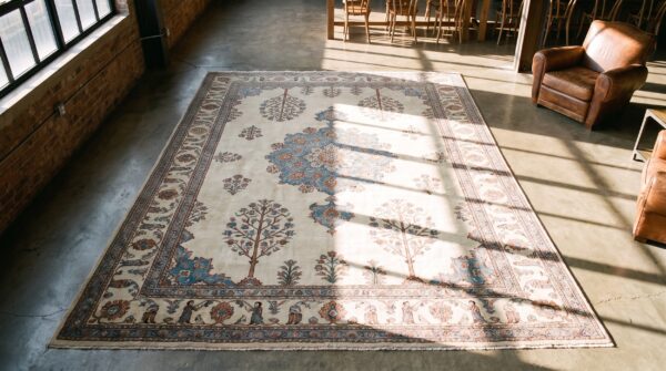 Rare light ivory color fine antique floral 19th century persian mohtashem kashan carpet 2 Rare light ivory color fine antique floral 19th century persian mohtashem kashan carpet (sku 21183) - styled overhead view