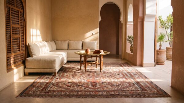 Rare light ivory color antique tribal design late 19th century persian khamse rug 8 Rare light ivory color antique tribal design late 19th century persian khamse rug (sku 21613) - room view