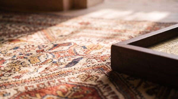 Rare light ivory color antique tribal design late 19th century persian khamse rug 9 Rare light ivory color antique tribal design late 19th century persian khamse rug (sku 21613) - in-room detail