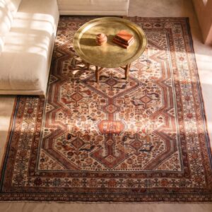 Rare Light Ivory Color Antique Tribal Design Late 19th Century Persian Khamse Rug (SKU 21613) - styled overhead view