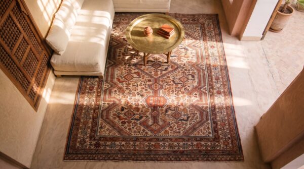 Rare light ivory color antique tribal design late 19th century persian khamse rug 2 Rare light ivory color antique tribal design late 19th century persian khamse rug (sku 21613) - styled overhead view