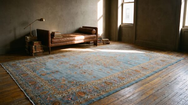 Rare light sky blue antique finely woven intricate large persian tabriz rug 7 Rare light sky blue antique finely woven intricate large persian tabriz rug (sku 22461) - room view