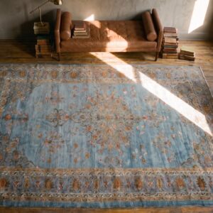 Rare Light Sky Blue Antique Finely Woven Intricate Large Persian Tabriz Rug (SKU 22461) - styled overhead view