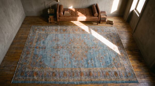 Rare light sky blue antique finely woven intricate large persian tabriz rug 2 Rare light sky blue antique finely woven intricate large persian tabriz rug (sku 22461) - styled overhead view
