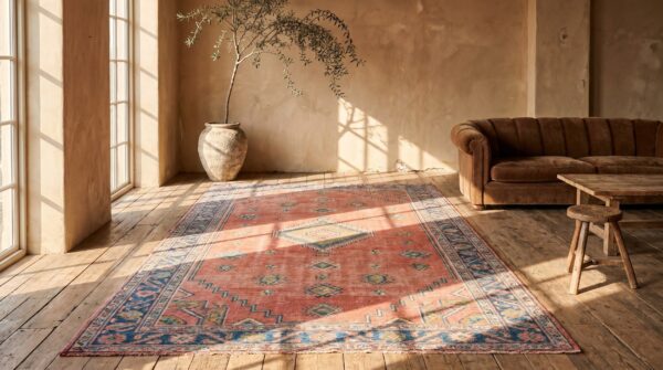 Rare massive oversized early 20th century coral tribal rabat moroccan berber carpet 10 Rare massive oversized early 20th century coral tribal rabat moroccan berber carpet (sku 19390) - room view