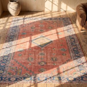 Rare Massive Oversized Early 20th Century Coral Tribal Rabat Moroccan Berber Carpet (SKU 19390) - styled overhead view