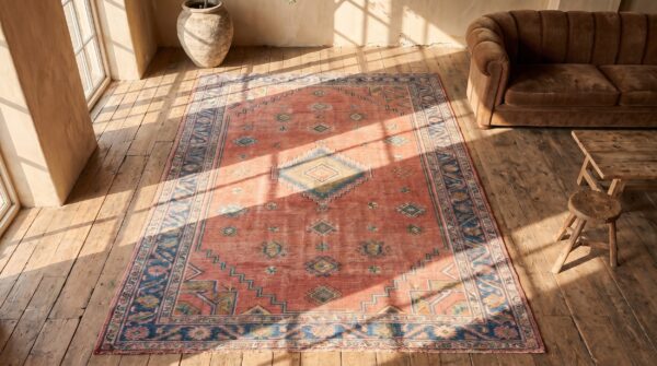 Rare massive oversized early 20th century coral tribal rabat moroccan berber carpet 2 Rare massive oversized early 20th century coral tribal rabat moroccan berber carpet (sku 19390) - styled overhead view