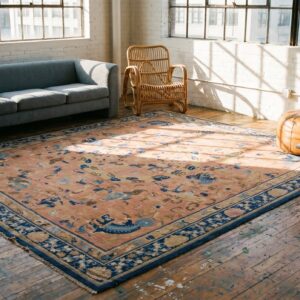 Rare Mid 18th Century Antique Coral Foo Dog Design Square Chinese Ningxia Rug (SKU 19984) - room view