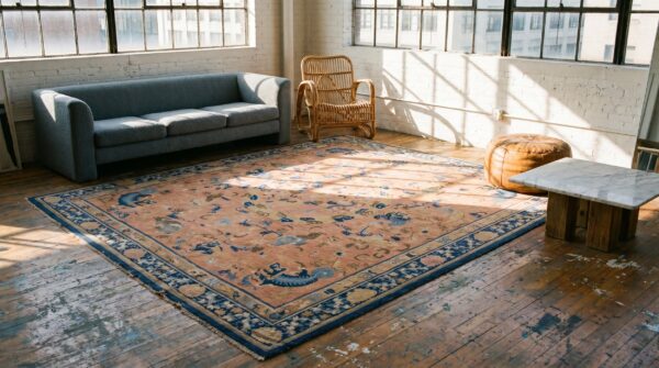Rare mid 18th century antique coral foo dog design square chinese ningxia rug 5 Rare mid 18th century antique coral foo dog design square chinese ningxia rug (sku 19984) - room view