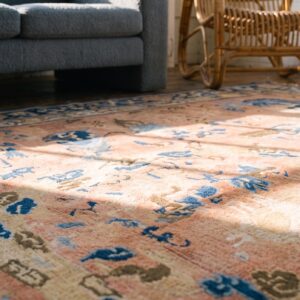 Rare Mid 18th Century Antique Coral Foo Dog Design Square Chinese Ningxia Rug (SKU 19984) - in-room detail