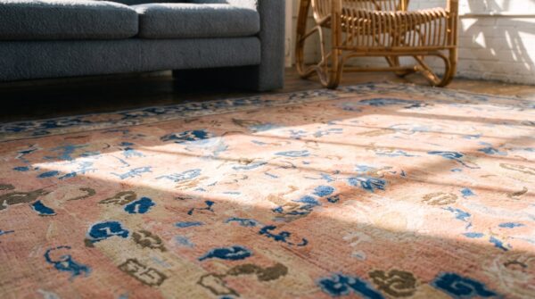 Rare mid 18th century antique coral foo dog design square chinese ningxia rug 6 Rare mid 18th century antique coral foo dog design square chinese ningxia rug (sku 19984) - in-room detail