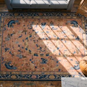 Rare Mid 18th Century Antique Coral Foo Dog Design Square Chinese Ningxia Rug (SKU 19984) - styled overhead view