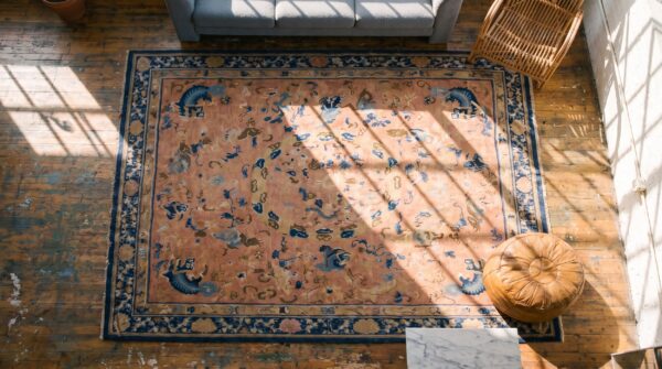 Rare mid 18th century antique coral foo dog design square chinese ningxia rug 2 Rare mid 18th century antique coral foo dog design square chinese ningxia rug (sku 19984) - styled overhead view