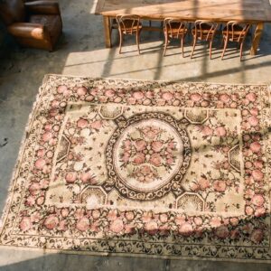 Rare Mid 19th Century Flat Woven Antique Floral Medallion Bessarabian Kilim Rug (SKU 19160) - styled overhead view