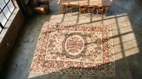 Rare mid 19th century flat woven antique floral medallion bessarabian kilim rug 2 Rare mid 19th century flat woven antique floral medallion bessarabian kilim rug (sku 19160) - styled overhead view