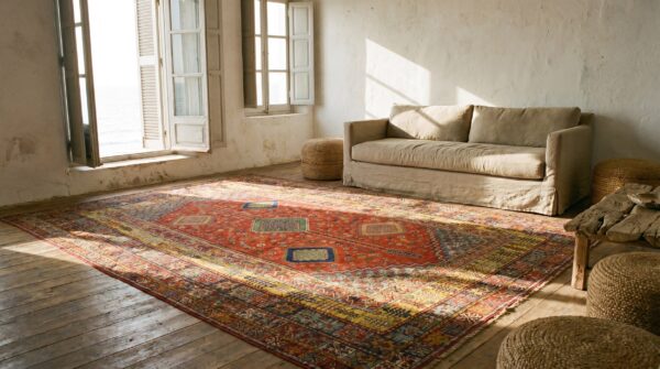 Rare antique red rustic tribal geometric oversized moroccan rabat berber carpet (sku 18781) - room view