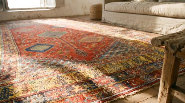 Rare antique red rustic tribal geometric oversized moroccan rabat berber carpet (sku 18781) - in-room detail